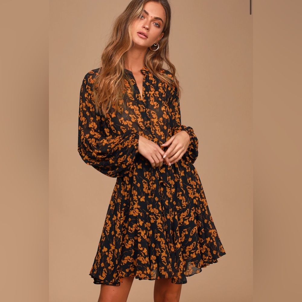 Black Floral Print Long Sleeve Mini Dress